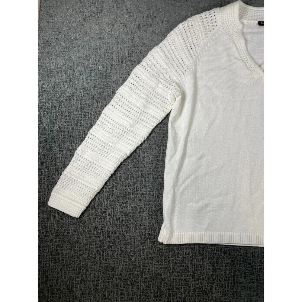 Talbots Petite White Pointelle Raglan Sleeve V-Neck Knit Sweater LP